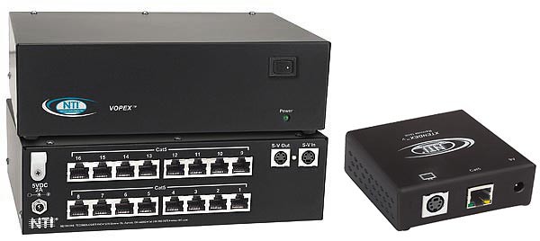 VOPEX-C5SV-16 Local Unit (Front & Back) and ST-C5SV-600 Remote Unit, extend Hi-Res video over numerous remote displays via CAT5